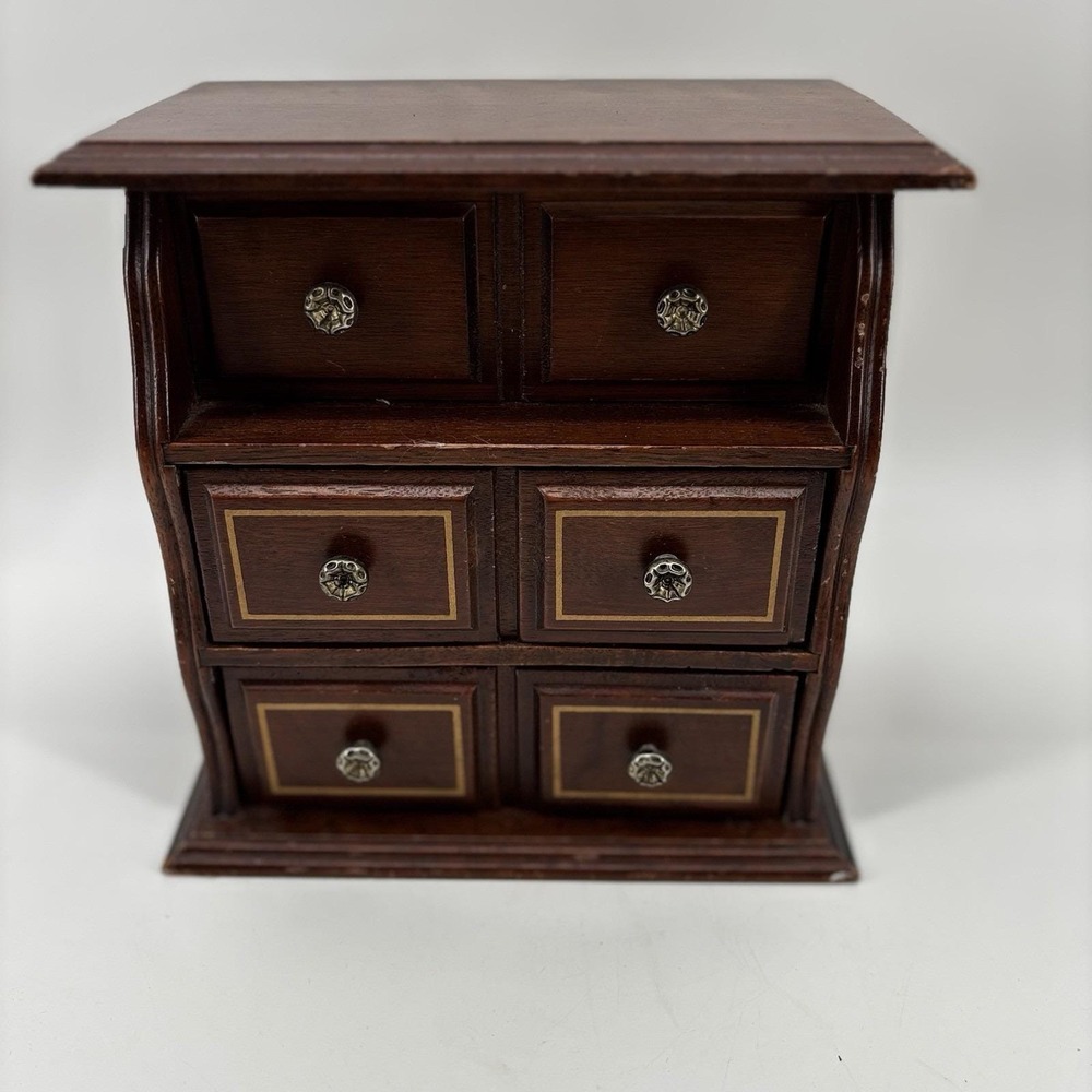 Vintage Brown Wooden Jewelry Box With Drawers And Mirror